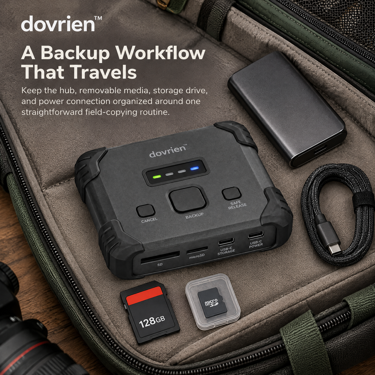 Dovrien™ FieldVault Portable Memory Card Backup Hub